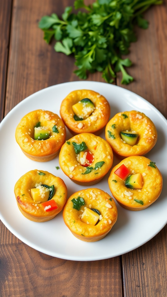 Savory quinoa egg bites with vegetables and cheese on a rustic wooden plate.
